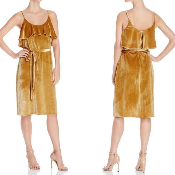 Elliatt Gold Velvet Velour Midi Ruffle Cocktail Dress Revolve XS - Picture 1 of 9
